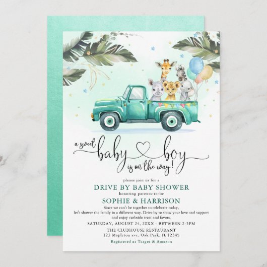 緑のサファリの動物たちが赤ん坊のシャワーを通り抜ける 招待状 (正面/裏面)