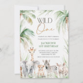 緑のサファリアニマルワイルドワン1歳の誕生日 招待状 (正面)