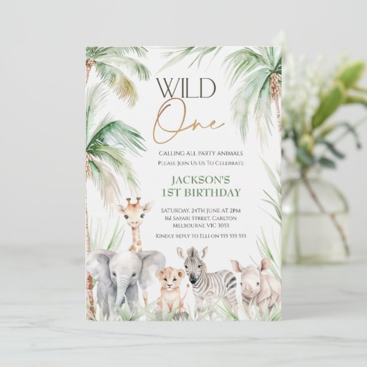 緑のサファリアニマルワイルドワン1歳の誕生日 招待状 (スタンド正面)