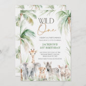 緑のサファリアニマルワイルドワン1歳の誕生日 招待状 (正面/裏面)