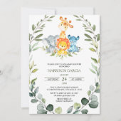 緑のサファリジャングル動物のベビーシャワー 招待状 (正面)