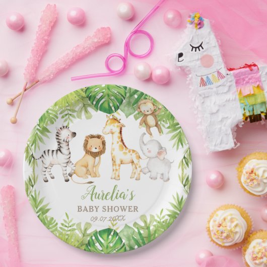 緑のサファリフォレストジャングル動物の赤ちゃんシャワー ペーパープレート (パーティー)