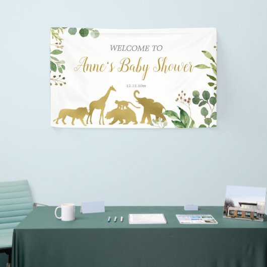 緑のサファリ動物のベビーシャワーバナー 横断幕 (トレードショー)