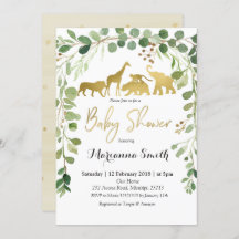 緑のサファリ動物ベビーシャワー招待状
