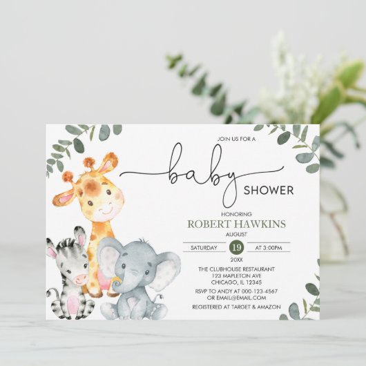 緑のサファリ男女兼用ー動物の赤ちゃんシャワー 招待状 (スタンド正面)