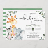 緑のサファリ男女兼用ー動物の赤ちゃんシャワー 招待状 (正面/裏面)
