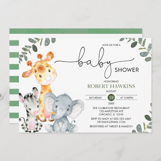 緑のサファリ男女兼用ー動物の赤ちゃんシャワー 招待状 (正面/裏面)