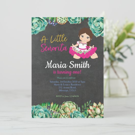 緑のサボテンのフェスタの誕生日の女の子 招待状 (スタンド正面)