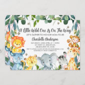 緑のサラフィ動物ワイルドワンベビーシャワー 招待状 (正面/裏面)