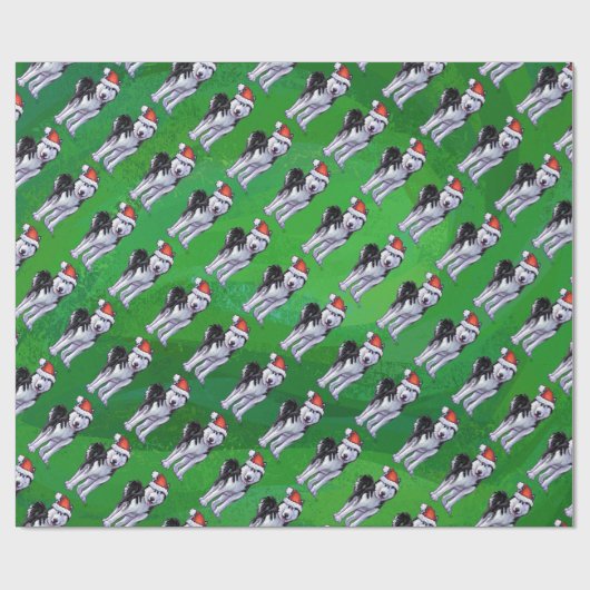 緑のサンタの帽子のお祝いのハスキー ラッピングペーパー (フラット)