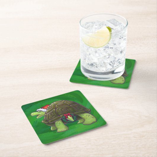 緑のサンタハットの亀 スクエアペーパーコースター (インサイチュ)