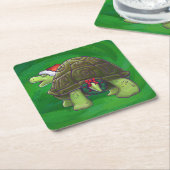 緑のサンタハットの亀 スクエアペーパーコースター (アングル)