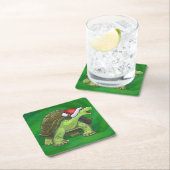 緑のサンタハットの亀 スクエアペーパーコースター (インサイチュ)