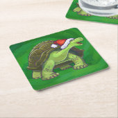 緑のサンタハットの亀 スクエアペーパーコースター (アングル)