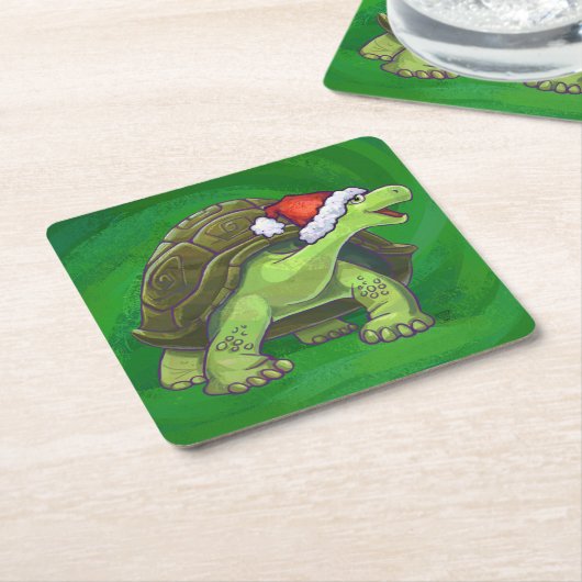 緑のサンタハットの亀 スクエアペーパーコースター (アングル)