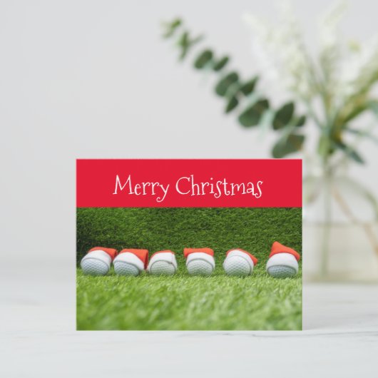 緑のサンタハット付きゴルフクリスマスホリデー シーズンポストカード (スタンド正面)