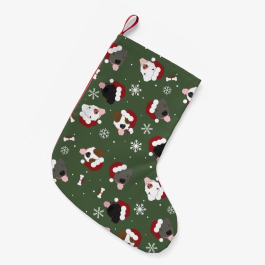 緑のサンタ犬 スモールクリスマスストッキング (正面 (吊り時))