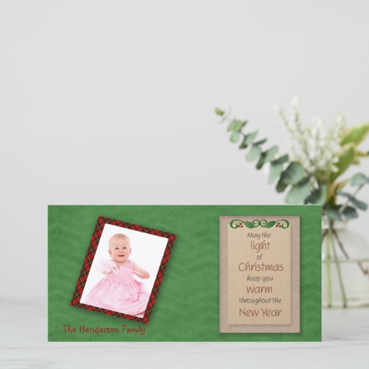 緑のシェブロンと赤い格子模様クリスマスフォトカード シーズンカード (スタンド正面)