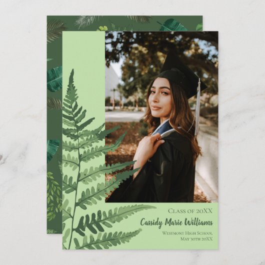 緑のシダのエレガント植物の卒業の発表 招待状 (正面/裏面)
