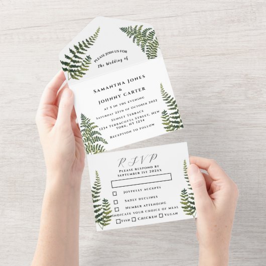 緑のシダの水の色の葉植物性結婚のアル オールインワン招待状 (貼ってはがせる)