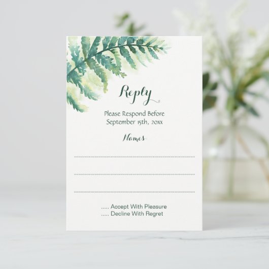 緑のシダの水色の返信カード 出欠カード (スタンド正面)