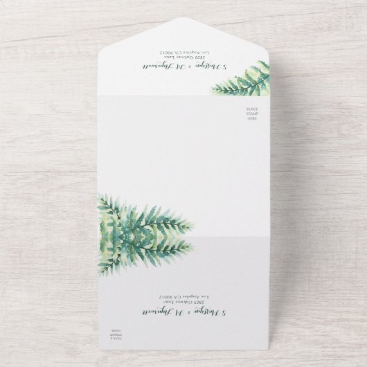 緑のシダの葉の水色ボタニカル結婚ズ オールインワン招待状 (外側)