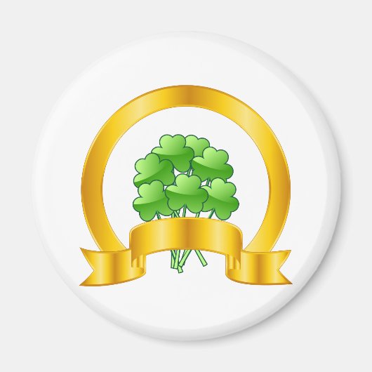 緑のシャムロックのある幸運な黄金の馬蹄形 マグネット (正面)