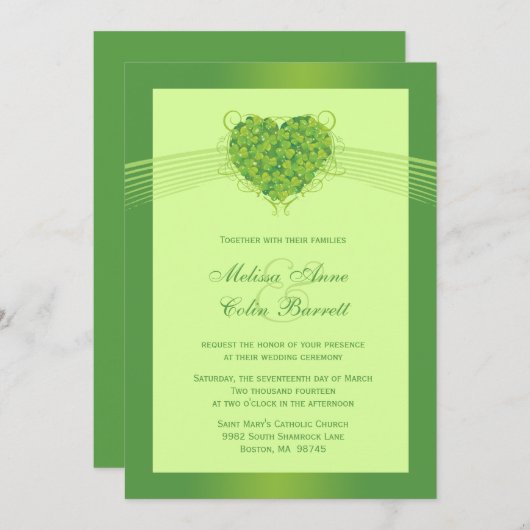 緑のシャムロックのクローバーのハートの結婚式招待状 招待状 (正面/裏面)