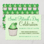 緑のシャムロック クローバー カップケーキ セントパトリックデー 招待状 (正面/裏面)