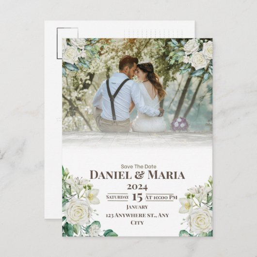 緑のシンプル写真付き日付表の保存 案内ポストカード (正面/裏面)