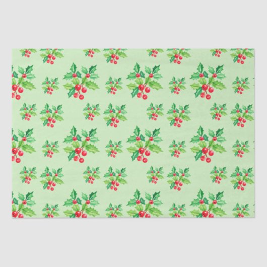 緑のシンプル水の色ホリーベリークリスマスパターン 薄葉紙 (正面)