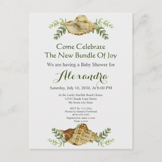 緑のシーシェルクリームシェルコースタルベイビーシャワー ポストカード (正面)
