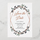 緑のジオホワイト | バラ金ゴールド保存日付 箔招待状 (正面)