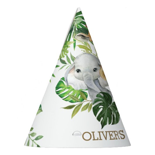 緑のジャングルアニマルズサファリ1stバースデーコーン パーティーハット (左)