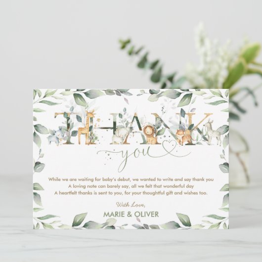 緑のジャングルアニマルベビーシャワー誕生日 サンキューカード (スタンド正面)