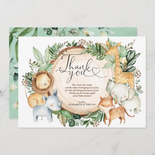 緑のジャングルサファリワイルドアニマルズサンキューカード 招待状 (正面/裏面)