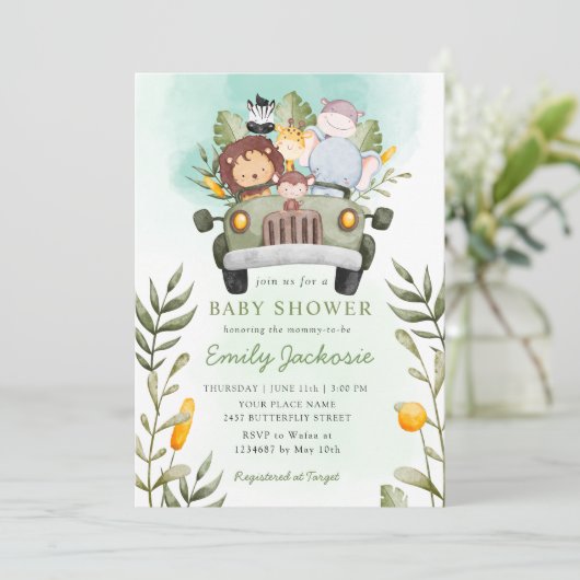 緑のジャングルサファリワイルドアニマルベビシャワー 招待状 (スタンド正面)