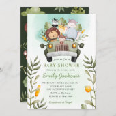 緑のジャングルサファリワイルドアニマルベビシャワー 招待状 (正面/裏面)