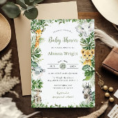 緑のジャングルサファリ動物の男の子の赤ちゃんシャワー 招待状