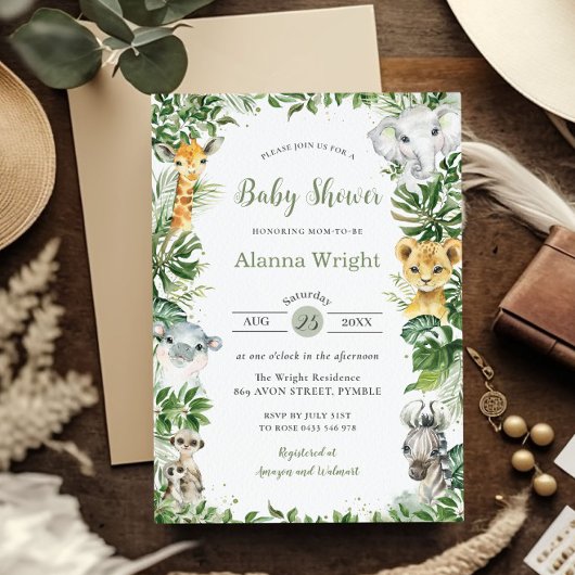 緑のジャングルサファリ動物の男の子の赤ちゃんシャワー 招待状