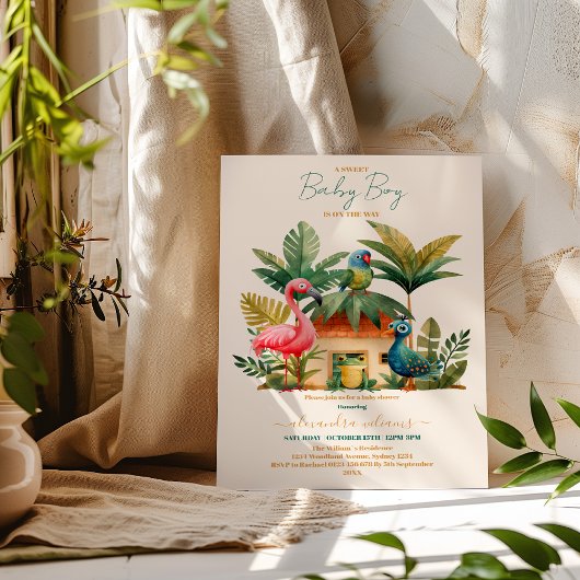 緑のジャングルサファリ動物の男の子の赤ちゃんシャワー 招待状