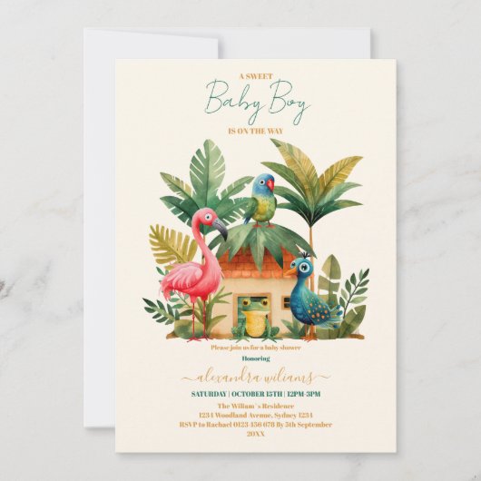 緑のジャングルサファリ動物の男の子の赤ちゃんシャワー 招待状 (正面)