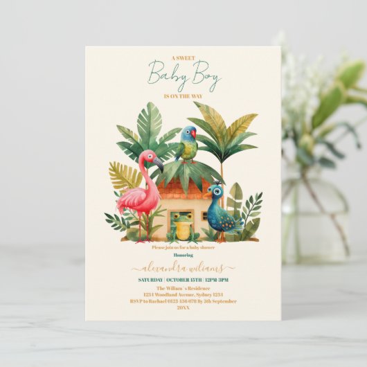 緑のジャングルサファリ動物の男の子の赤ちゃんシャワー 招待状 (スタンド正面)