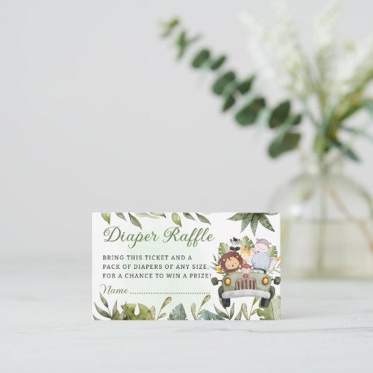 緑のジャングルサファリ野生動物おむつラッフル エンクロージャーカード (スタンド正面)