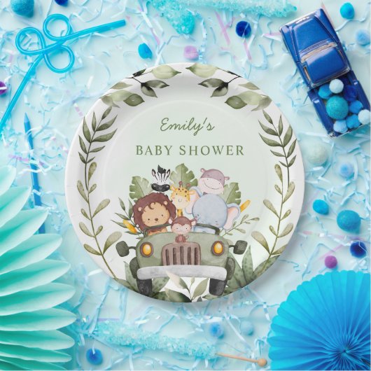 緑のジャングルサファリ野生動物の赤ちゃんシャワー ペーパープレート (パーティー)