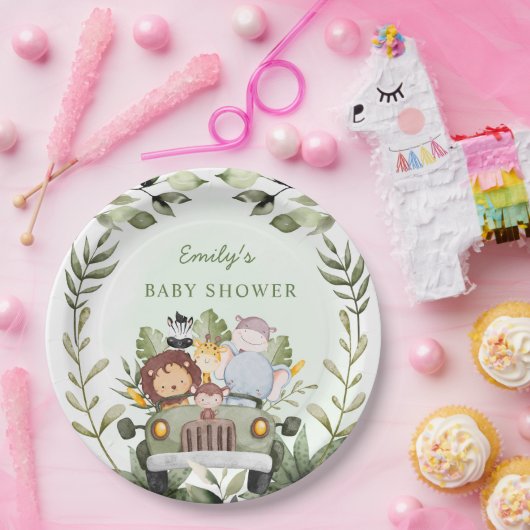 緑のジャングルサファリ野生動物の赤ちゃんシャワー ペーパープレート (パーティー)