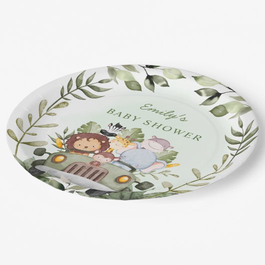 緑のジャングルサファリ野生動物の赤ちゃんシャワー ペーパープレート (アングル)