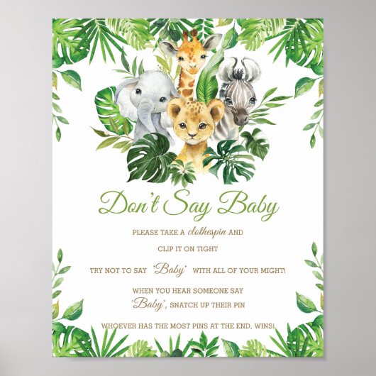 緑のジャングル動物のシャワーはベビーゲームを言わない ポスター (正面)