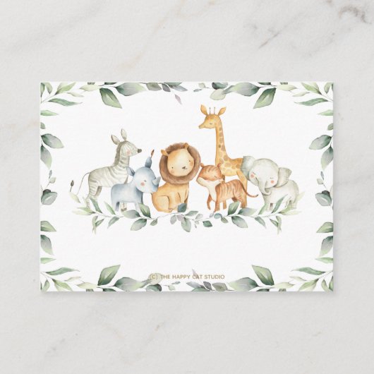 緑のジャングル動物の赤ちゃんシャワーが本を持ってくる エンクロージャーカード (裏面)