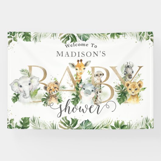 緑のジャングル動物の赤ちゃんシャワーへようこそ 横断幕 (横)